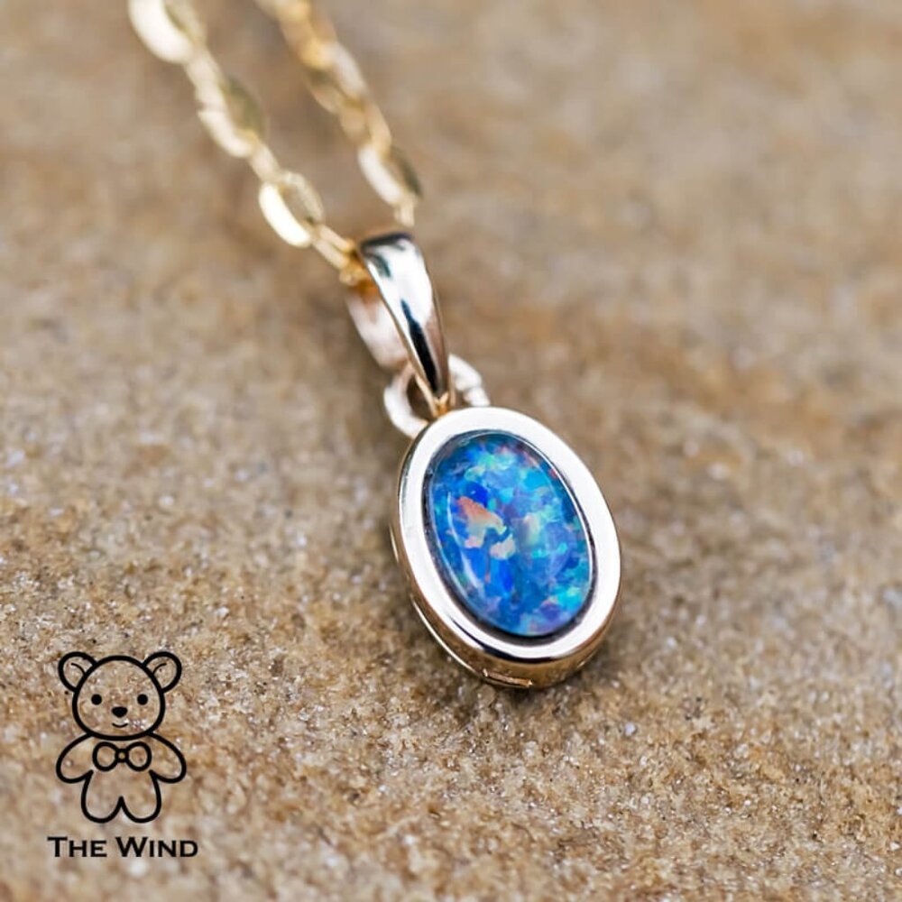 Oval Shaped Australian Triplet Opal Necklace in 14k Yellow Gold